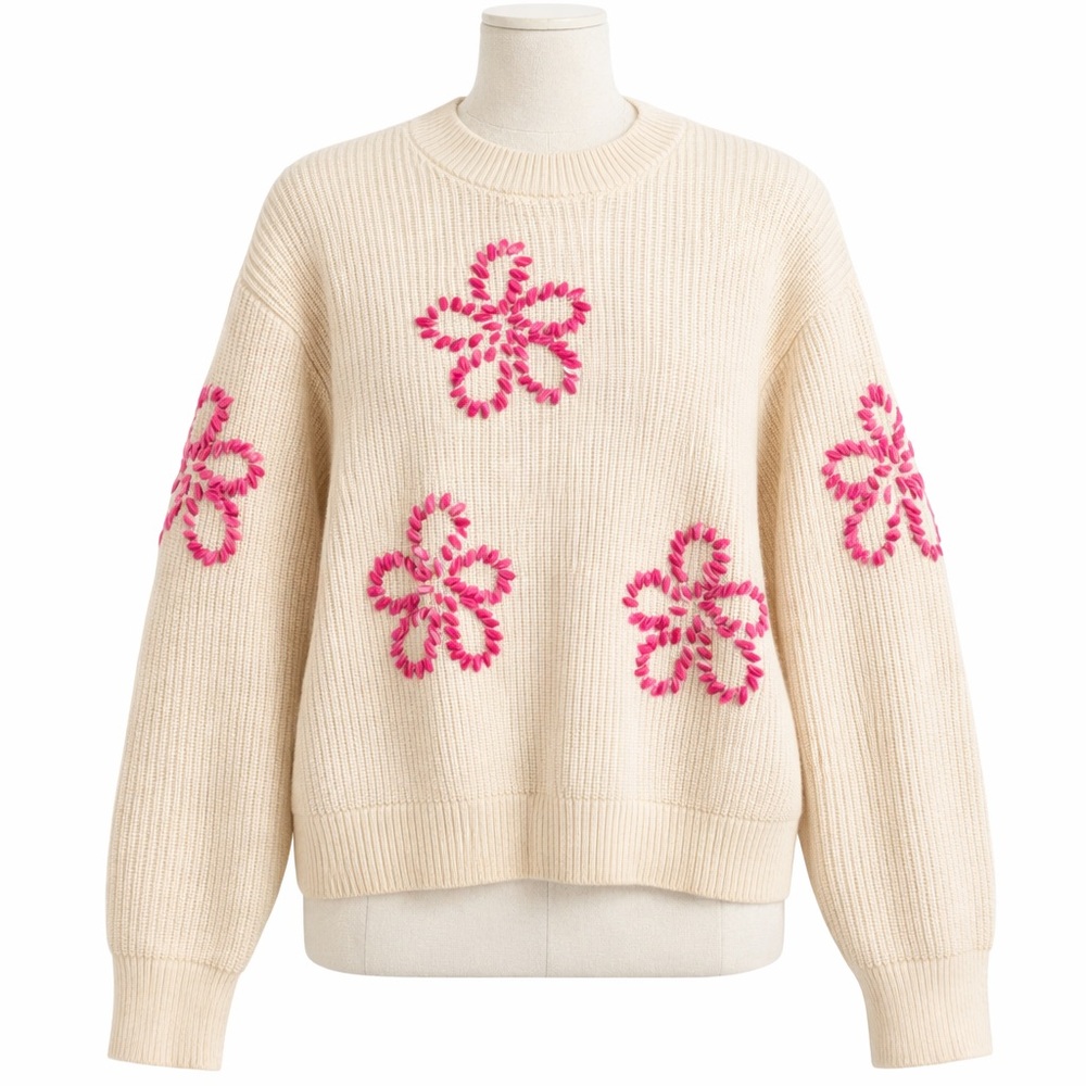 Cyrus NYC Cream Ribbed Floral Knit Sweater Size L